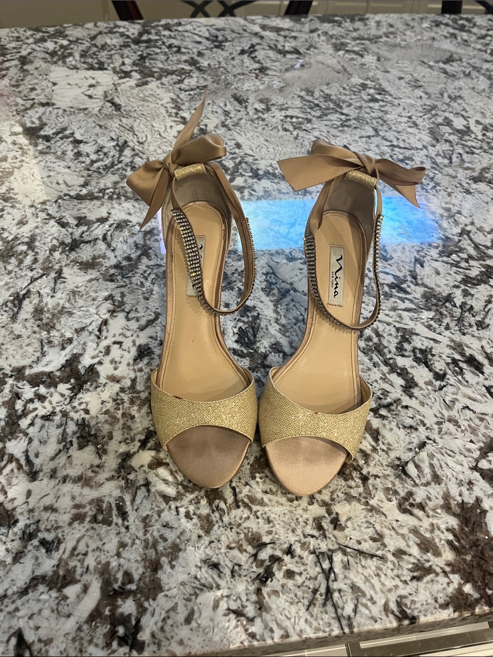 Nina Gold Bow Ankle-Tie Heels